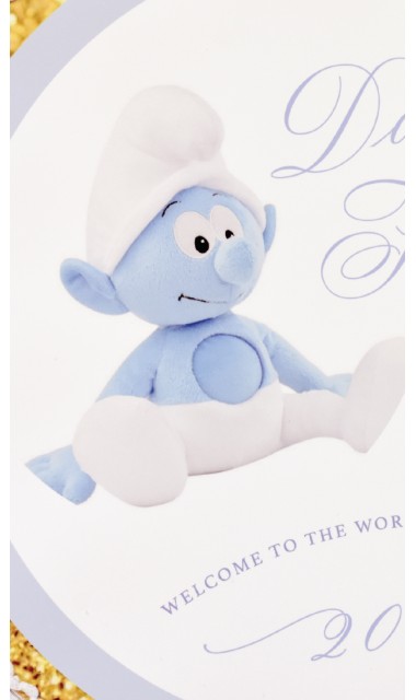 Trusou de botez brodat pentru baieti cu strumf in bleu si gold, Bebe Smurf 8